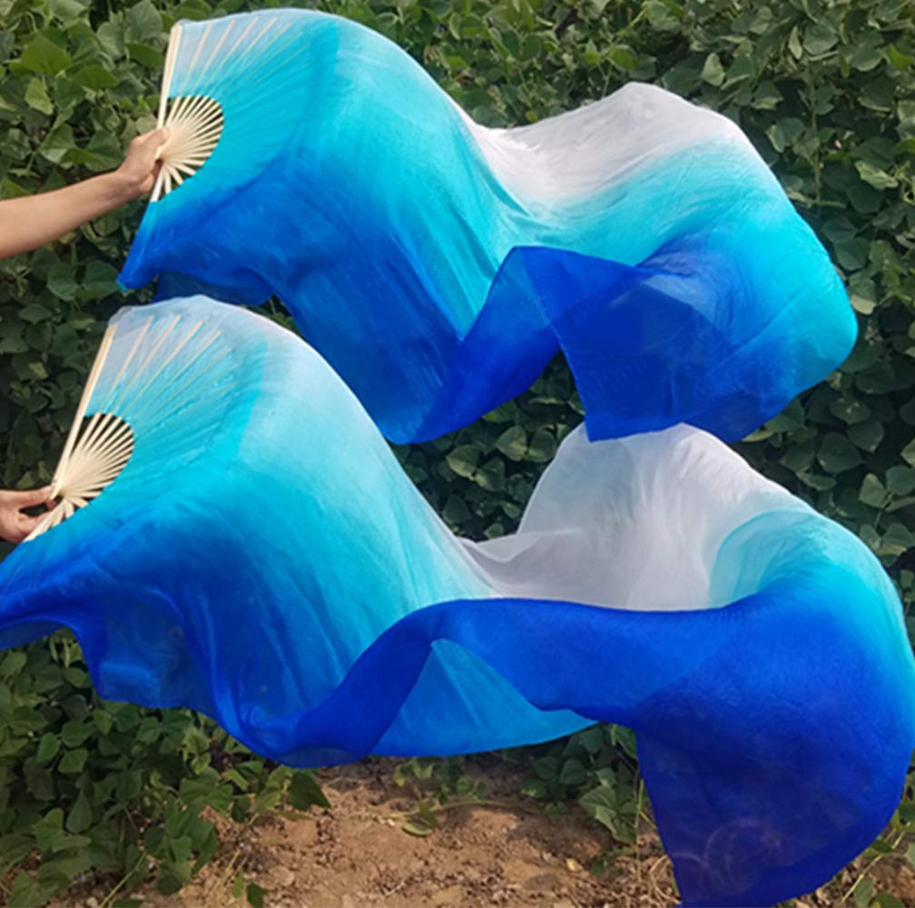 Kikigoal 1 Pair(Leftright) Women Real Silk Belly Dance Fan Veil, Length 180Cm Width 90Cm (Gradual Blue)