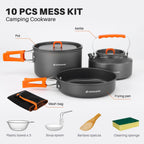 Odoland 10Pcs Camping Cookware Camping Pots And Pans Set With Kettle Plastic Bowls And Soup Spoon For Camping, Backpacking, Outd