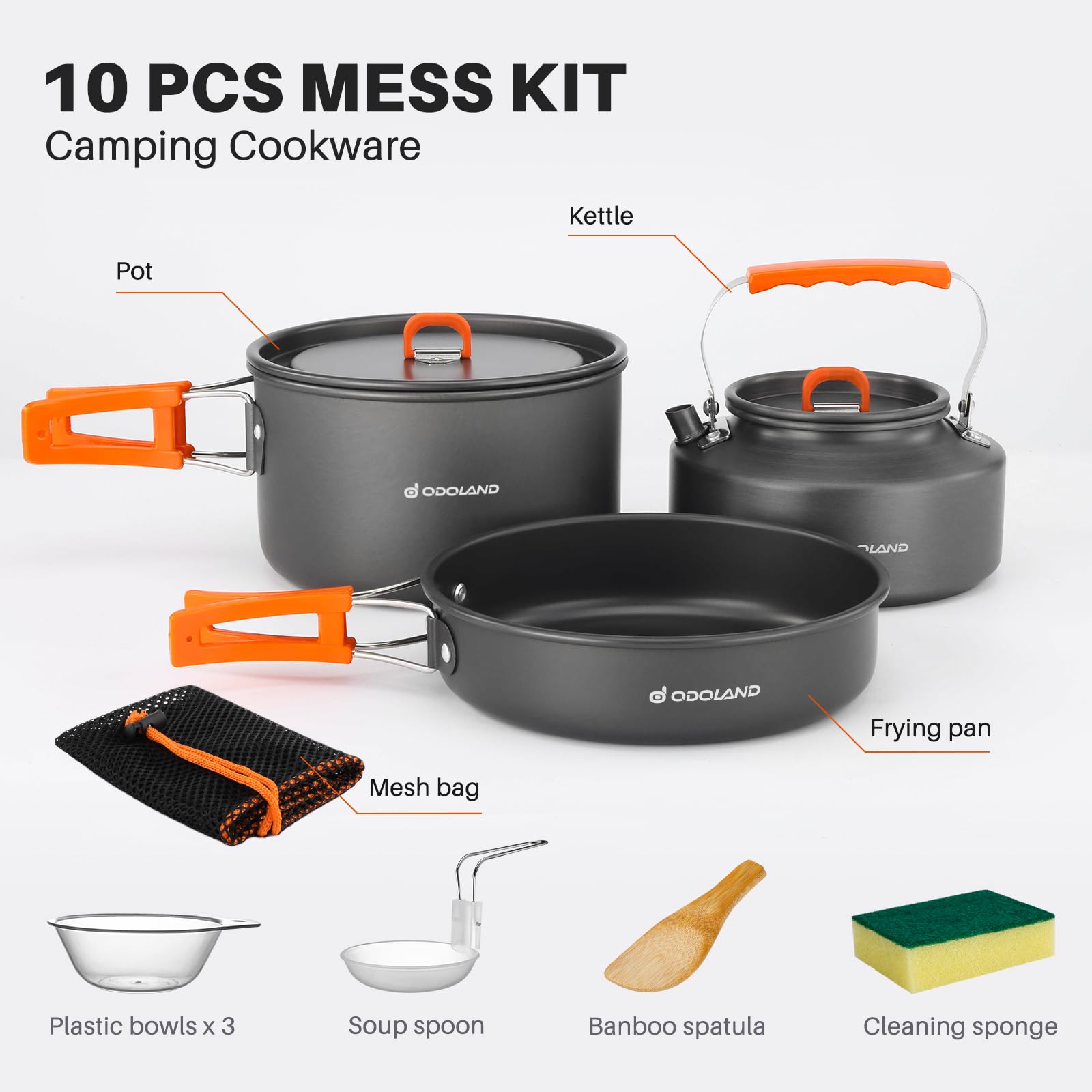 Odoland 10Pcs Camping Cookware Camping Pots And Pans Set With Kettle Plastic Bowls And Soup Spoon For Camping, Backpacking, Outd