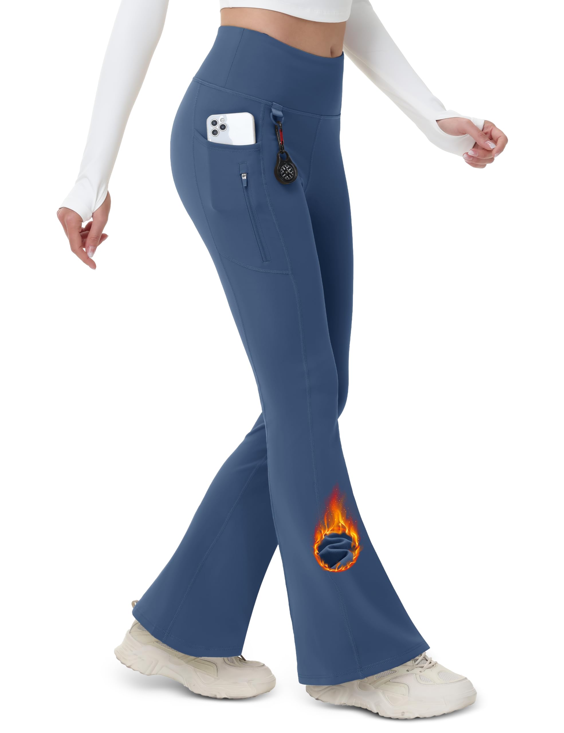 MAGCOMSEN Women Fleece Lined Leggings Waterpoof Insulated Hiking Pants Winter Yoga Flare Leggings Pockets Blue Gray L