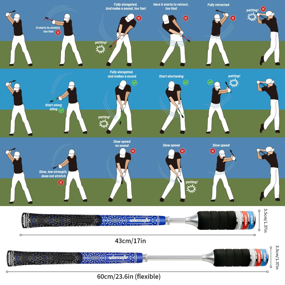 Wosofe Golf Swing Trainer Practice Training Aid Equipment Automatic Spring Retraction Anti-Slip Grip Speed Weight Configuration