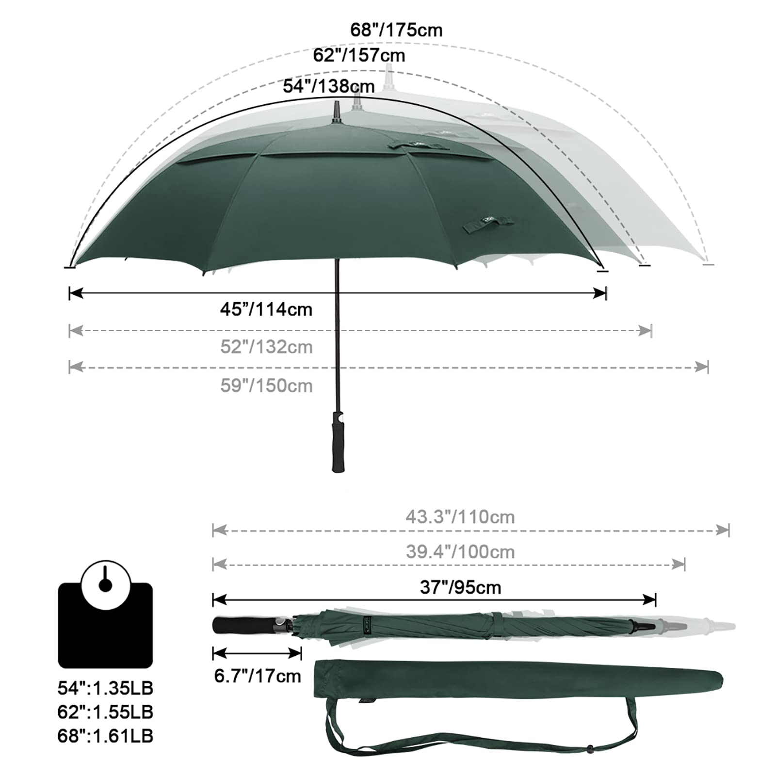 G4Free 68 Inch Extra Large Automatic Open Golf Umbrella Oversize Double Canopy Windproof Waterproof Stick Umbrellas(Dark Green)