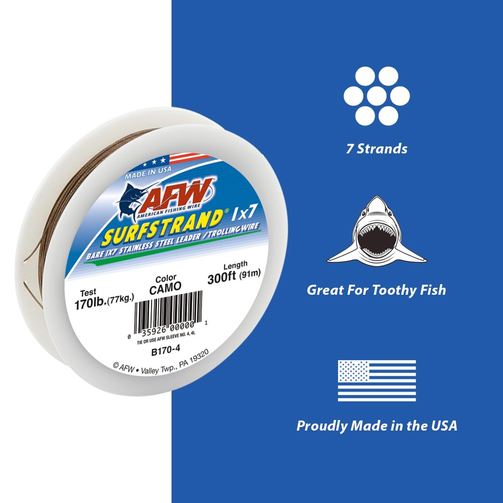 American Fishing Wire Surfstrand, Bare 1X7 Stainless Steel Leader Wire, 170 Lb Test, 0.033 Diameter, Camo, 600 Ft