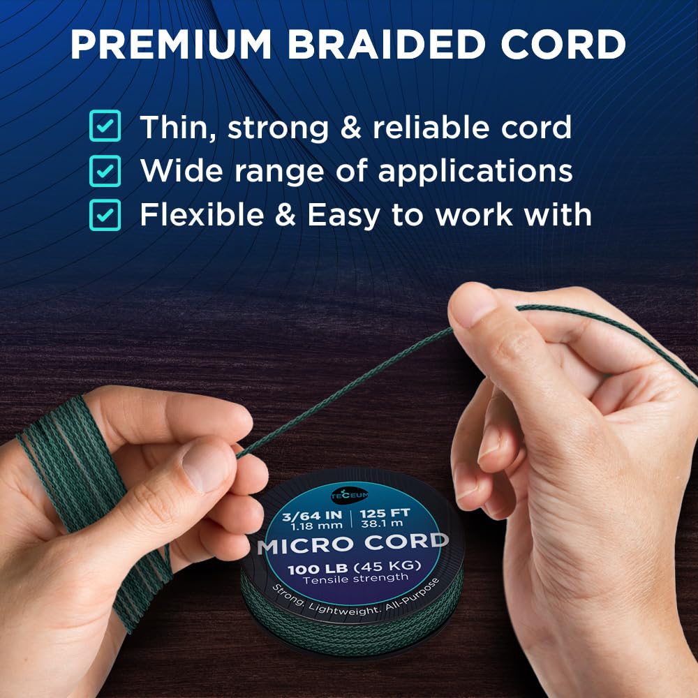 Teceum Micro Paracord - Dark Emerald Green - 1.18 Mm X 125 Ft - Micro Utility Cord - Thin Braided Paracord Rope Nylon Polyester