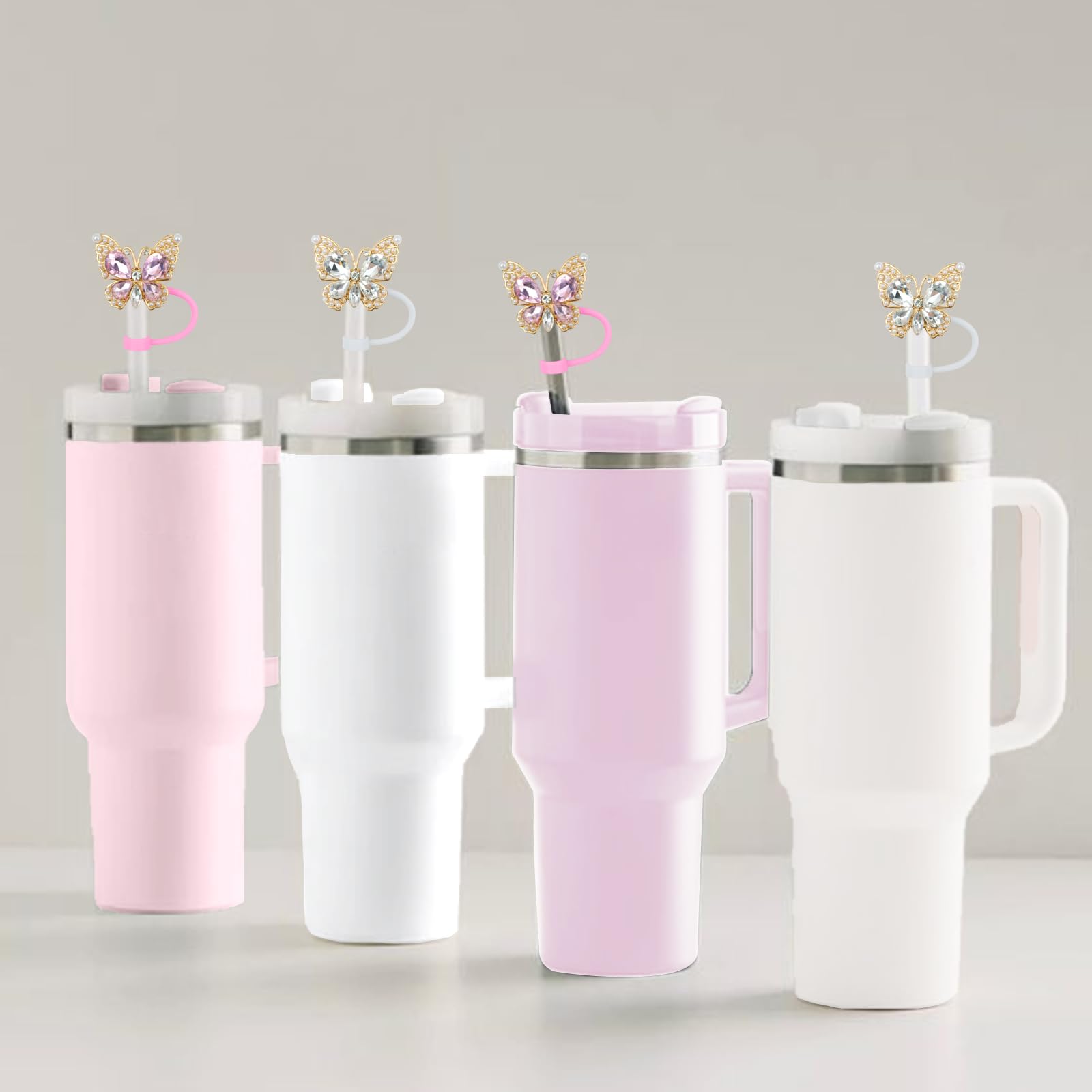 SEMATA 2PCS Cute Butterfly Straw Cover Cap for Stanley Cup Accessories,Bling Crystals Straw Toppers for Stanley Tumbler 40&30 oz