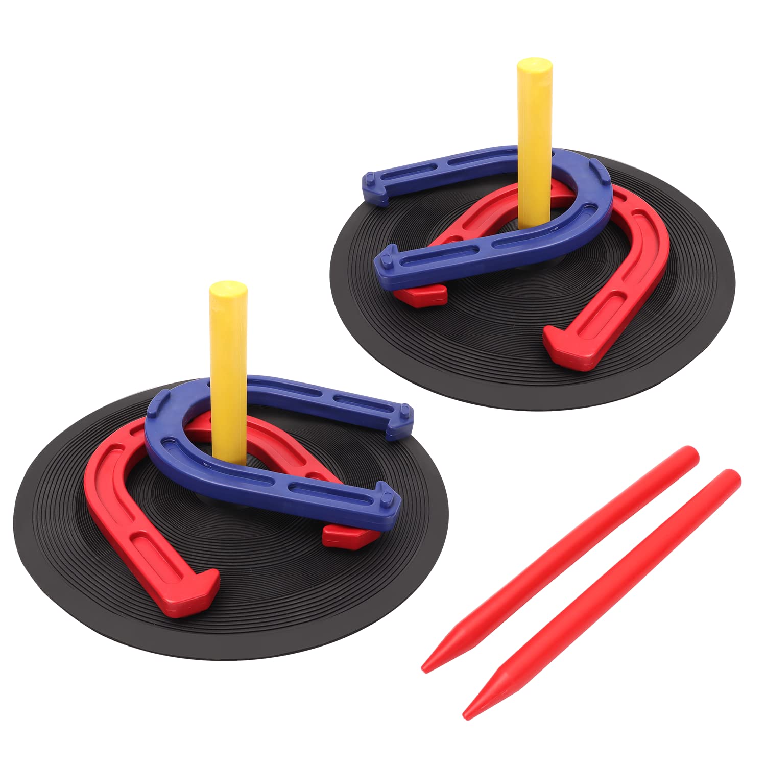 Gse Indoor And Outdoor Rubber Horseshoe Game Set, 4 Horseshoes (2 Red/2 Blue), 2 Rubber Mats With Posts, And 2 Plastic Stakes