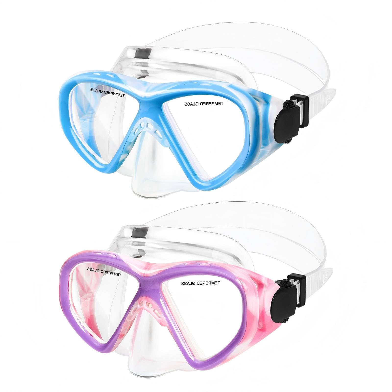 (2PCS Blue Blue&Pink Purple) ACQCES Kids Swim Goggles Snorkel Diving Mask for Boys Girls Ages 5-15, Two-Color Anti-Fog Swimming 