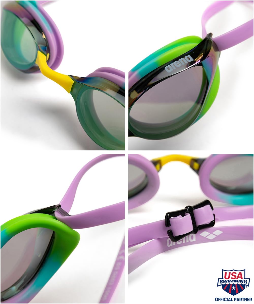 Arena Unisex Adults Python Racing Swim Goggles For Men And Women Anti-Fog Mirror Lens Max Comfort Dual Strap, Green/Violet/Green