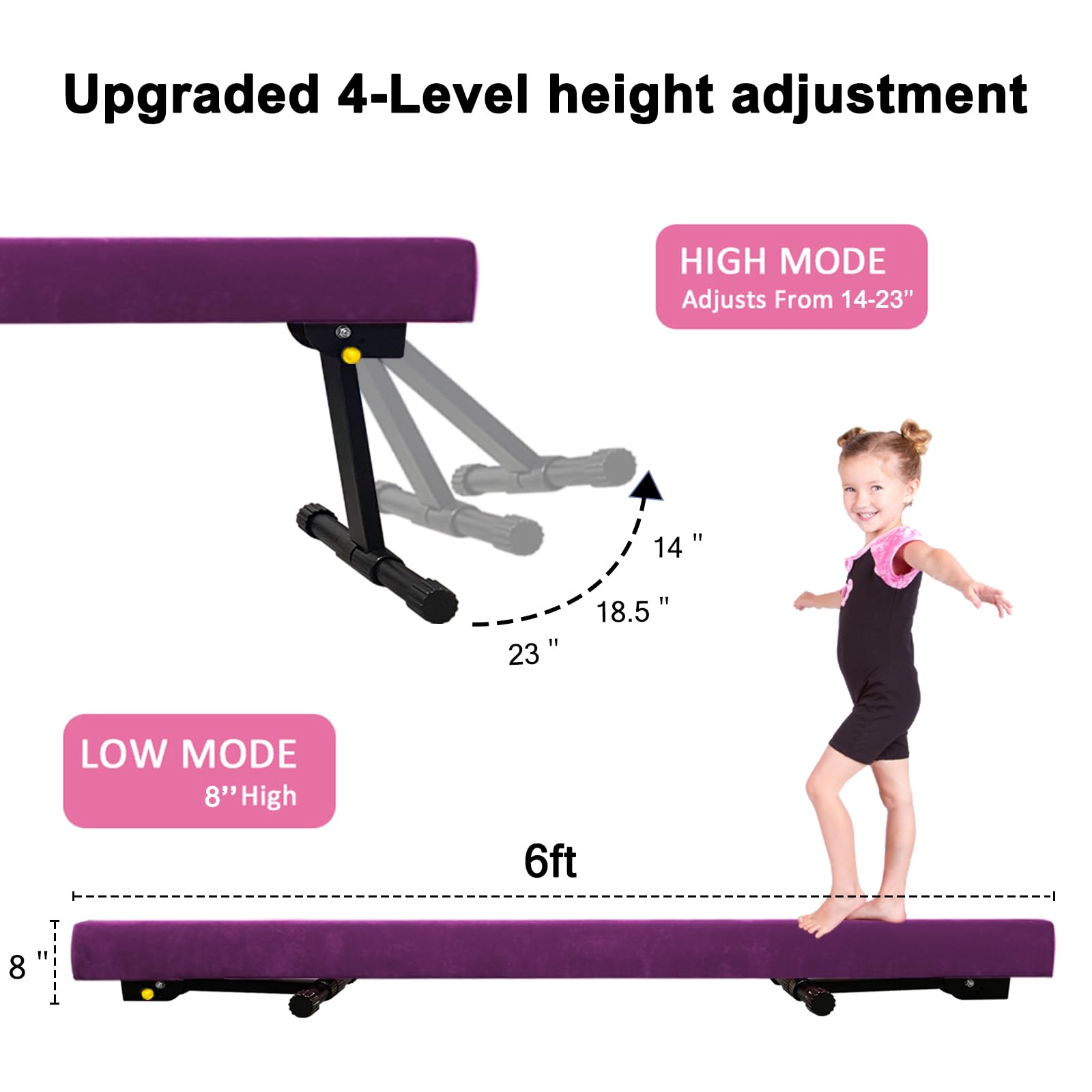 Glant 7.2Ft Ultrasimple Adjustable&Foldable Balance Beam,High-Low Floor Beam Suede Gymnastics Equipment,No Tool Require, Gymnast