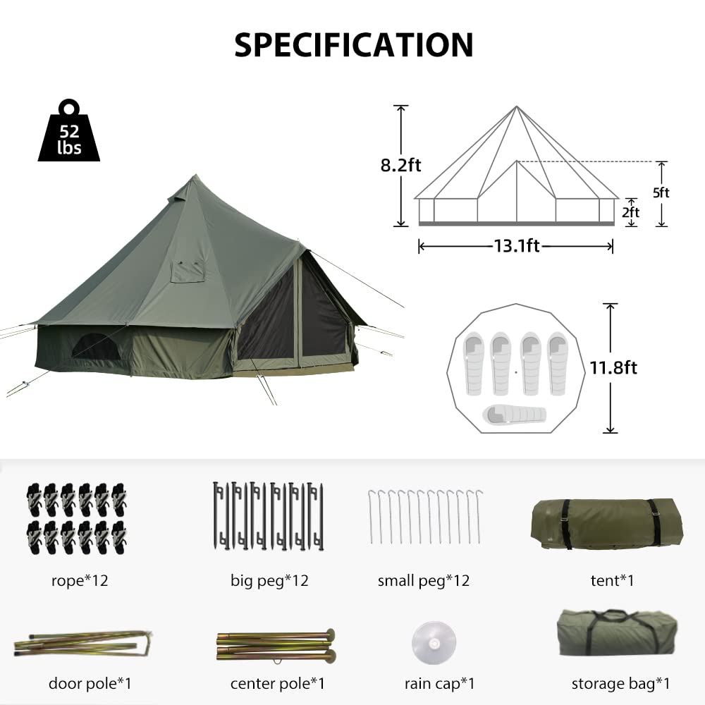 Waldzimmer Canvas Bell Tent 13.1Ft Green With Pre-Cut Stove Jack, Spacious 4M Family Yurt Tent For 4-5 Person, 4 Season Water-Re