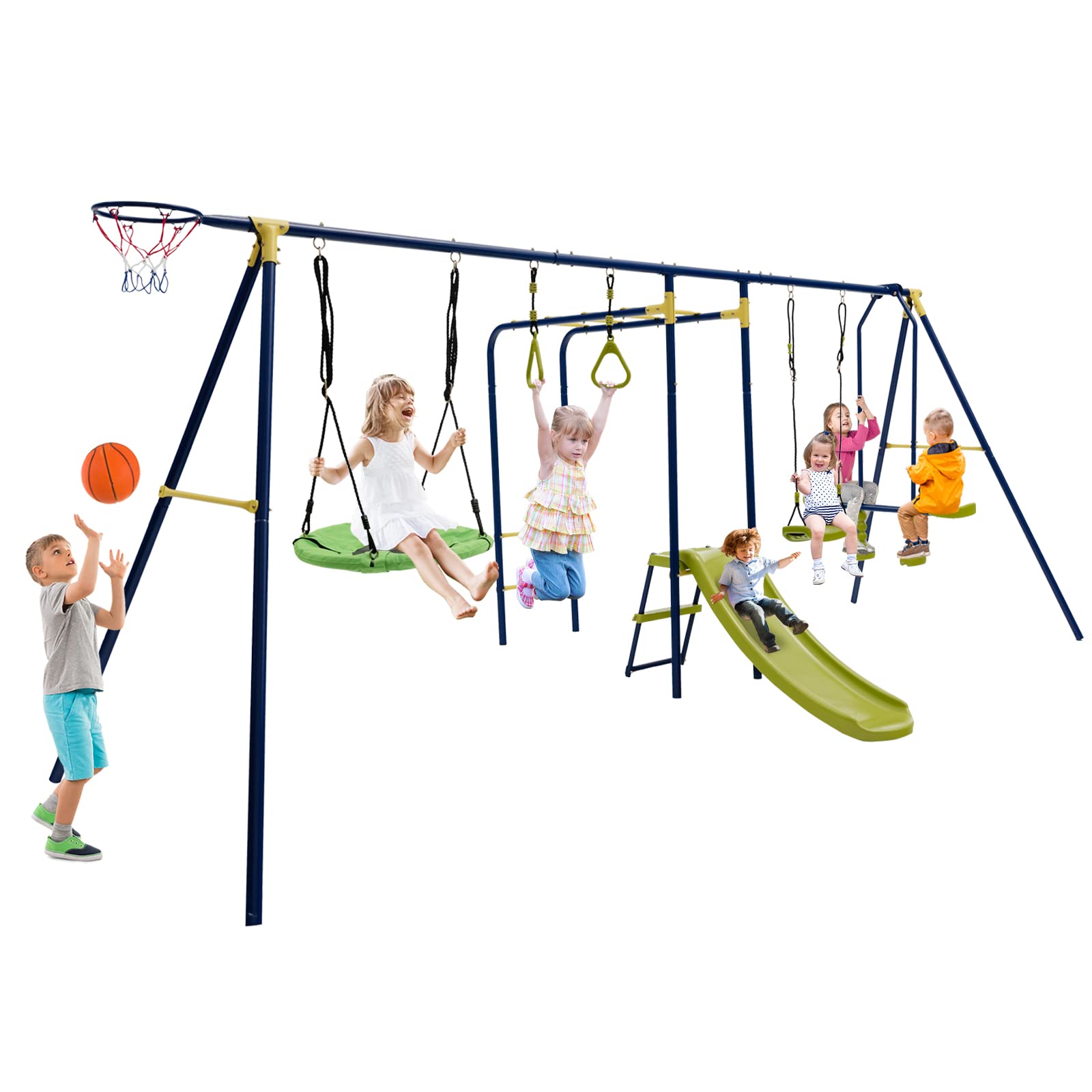 Costzon 660 lbs Swing Sets for Backyard, 7-in-1 Heavy Duty Extra Large Metal Swing Frame w/2 Swings, Glider, Gym Rings, Slide, M
