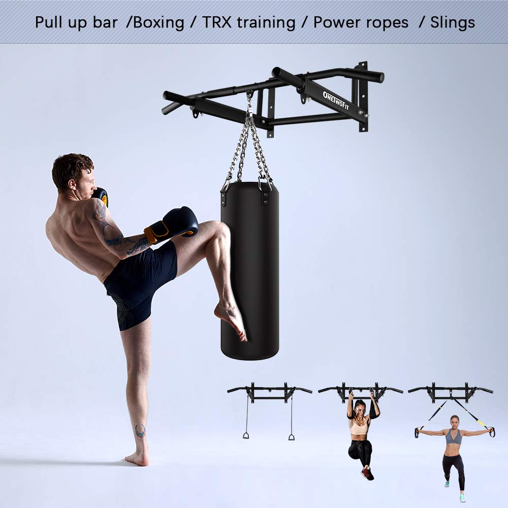 Onetwofit Wall Mounted Pull Up Bar With More Stable 6-Hole Design For Indoor And Outdoor Use, Maximum Weight 440 Lbs Ot103