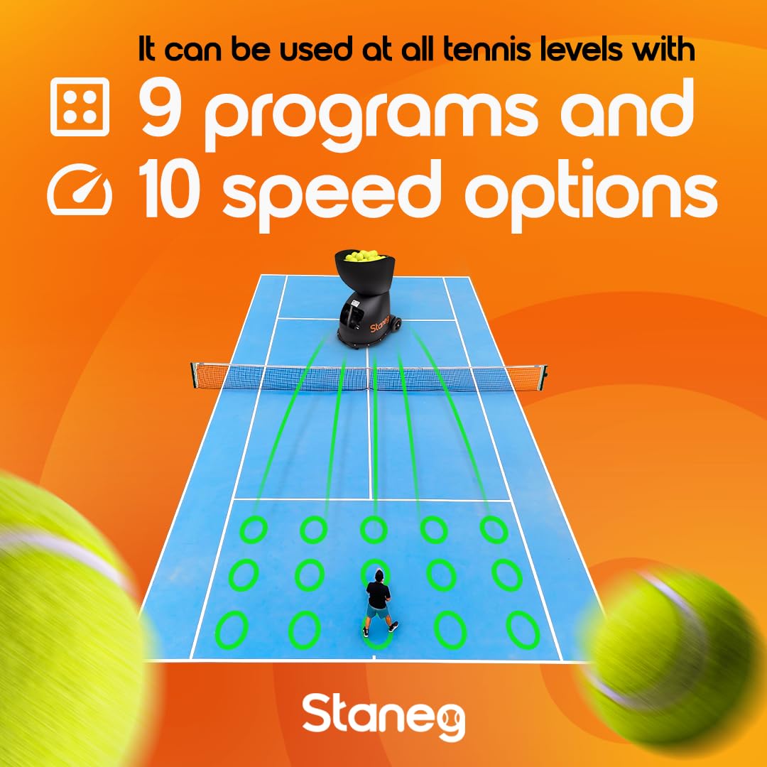 Staneg Pro Tennis Ball Machine - Battery-Powered Portable Launcher With Remote Control | 9 Training Programs | Adjustable Spin &