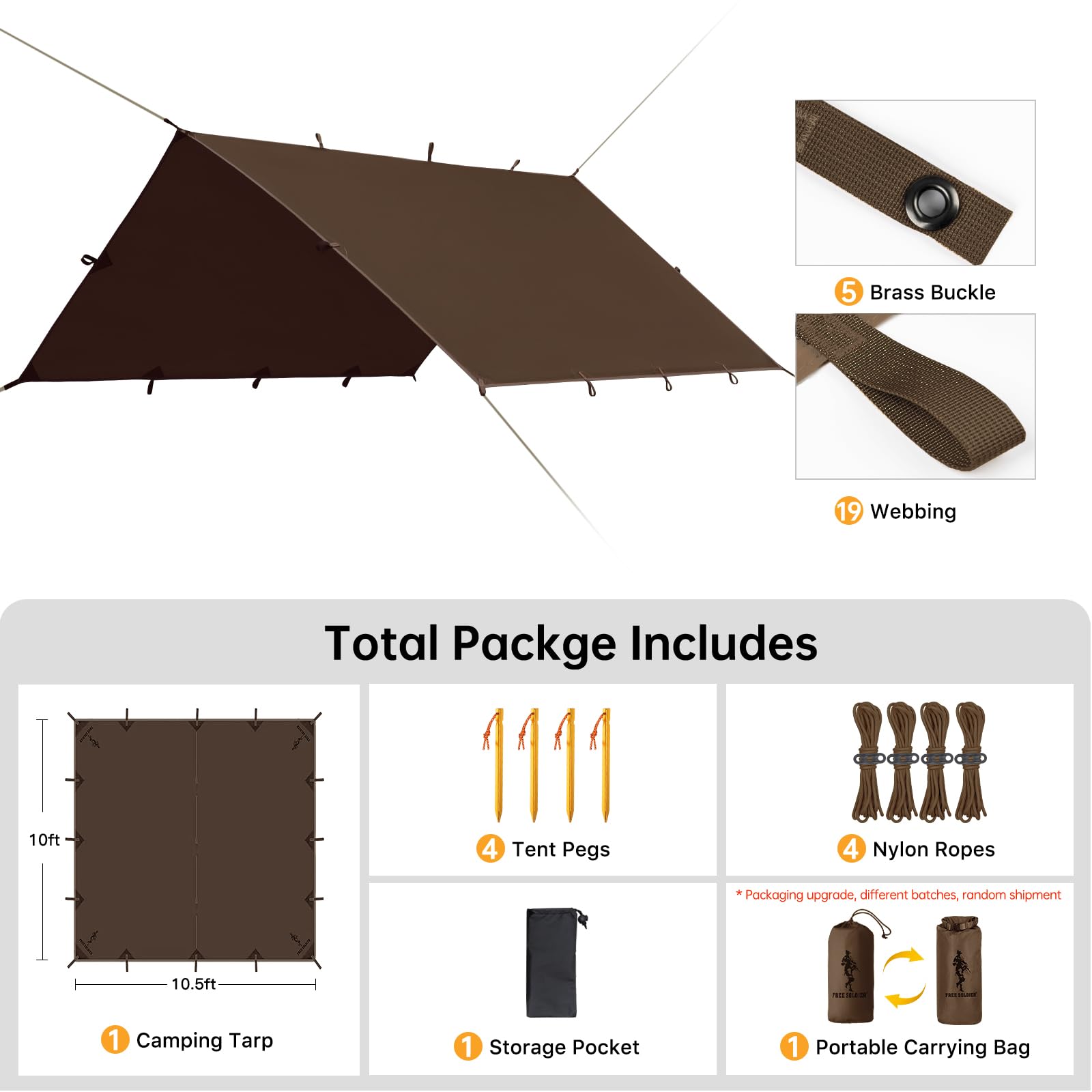 Free Soldier Camping Tarp Waterproof Portable Multifunctional Outdoor Traveling Awning Backpacking Shelter Rain Tarp (Taupe 10