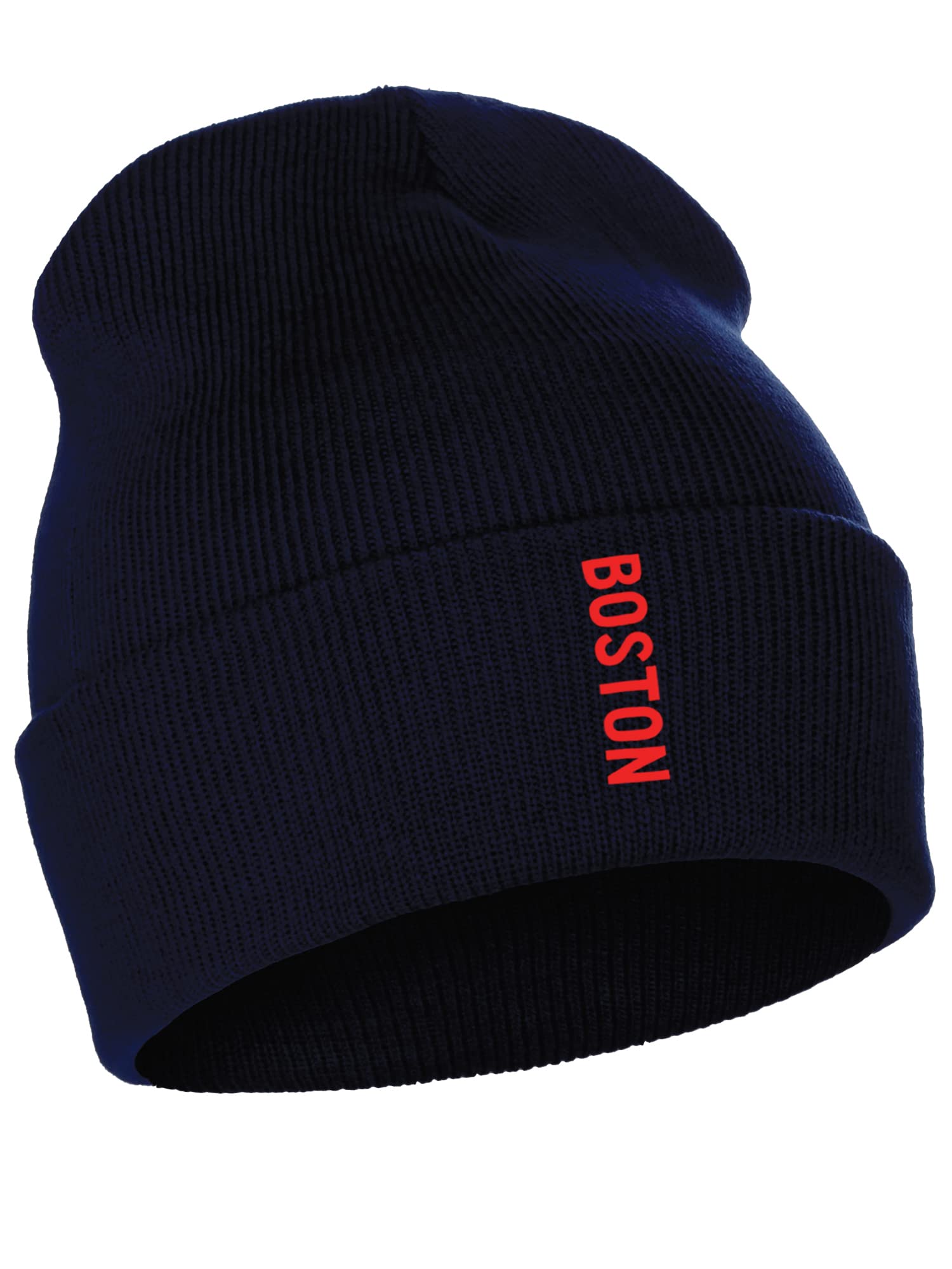 Daxton Vertical Usa Cities Cuffed Beanie Winter Knit Hat Skully Cap, Boston Navy Red