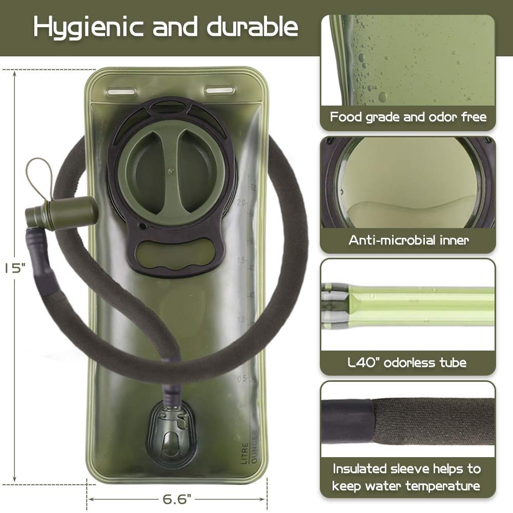 2L Hydration Bladder, Bpa Free Water Bladder For Hiking Backpack 2 Liter Military Green Water Storage Bag With Insulated Tube, H