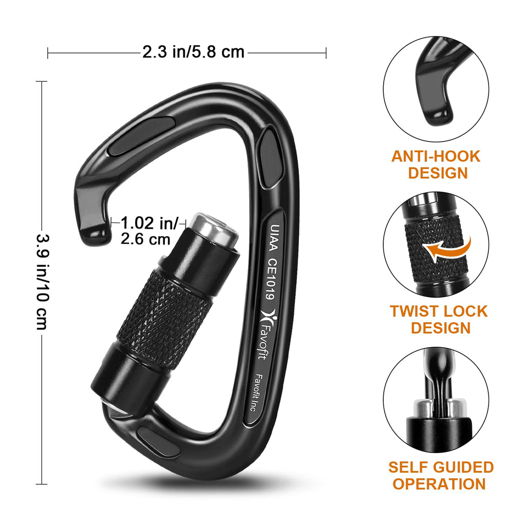 Locking Climbing Carabiners Heavy Duty - Favofit Uiaa Certified 25Kn (5620 Lbs) Rock Climbing Clips For Climbers - Large Caribea