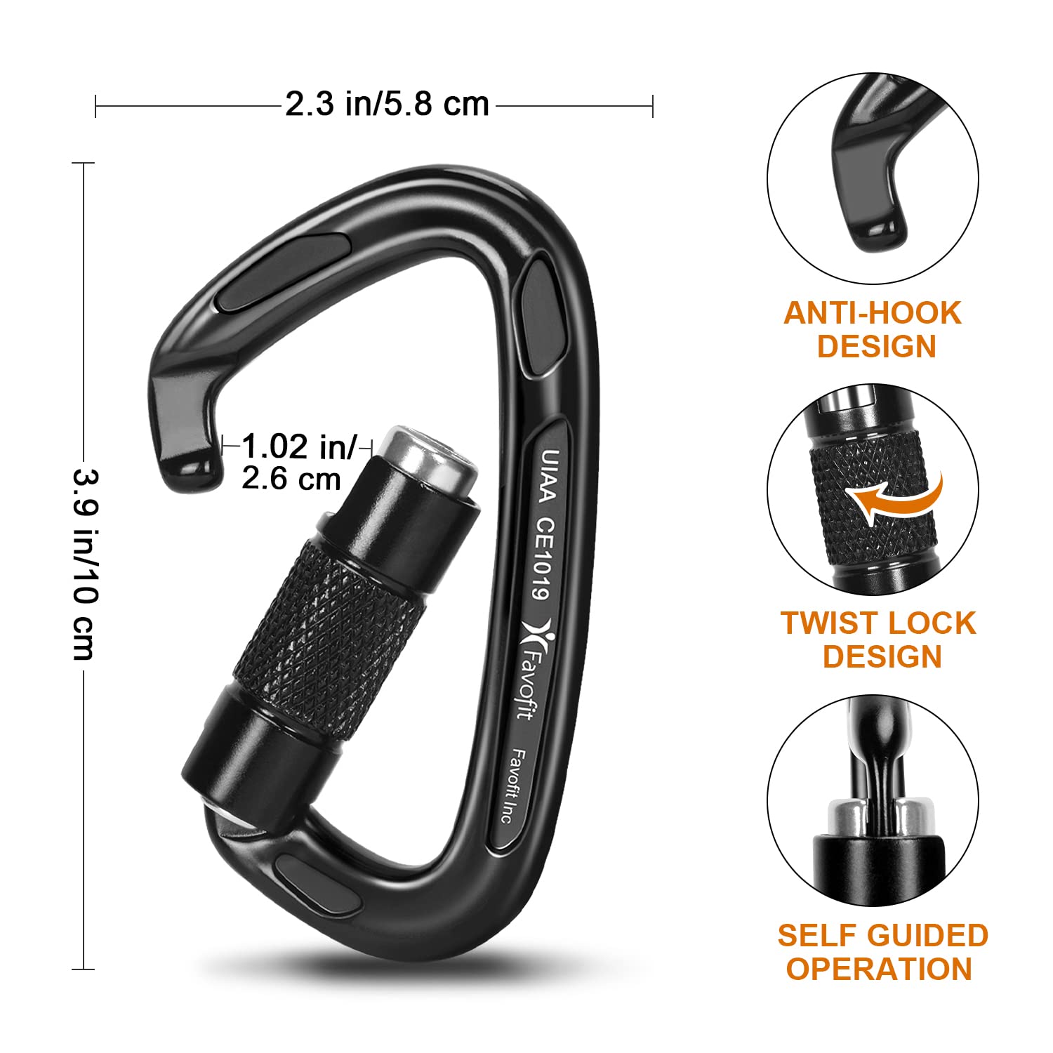 Locking Climbing Carabiners Heavy Duty - Favofit Uiaa Certified 25Kn (5620 Lbs) Rock Climbing Clips For Climbers - Large Caribea