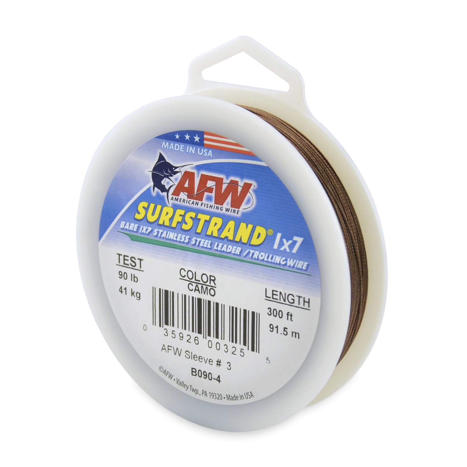 American Fishing Wire Surfstrand, Bare 1X7 Stainless Steel Leader Wire, 90 Lb Test, 0.024 Diameter, Camo, 300 Ft