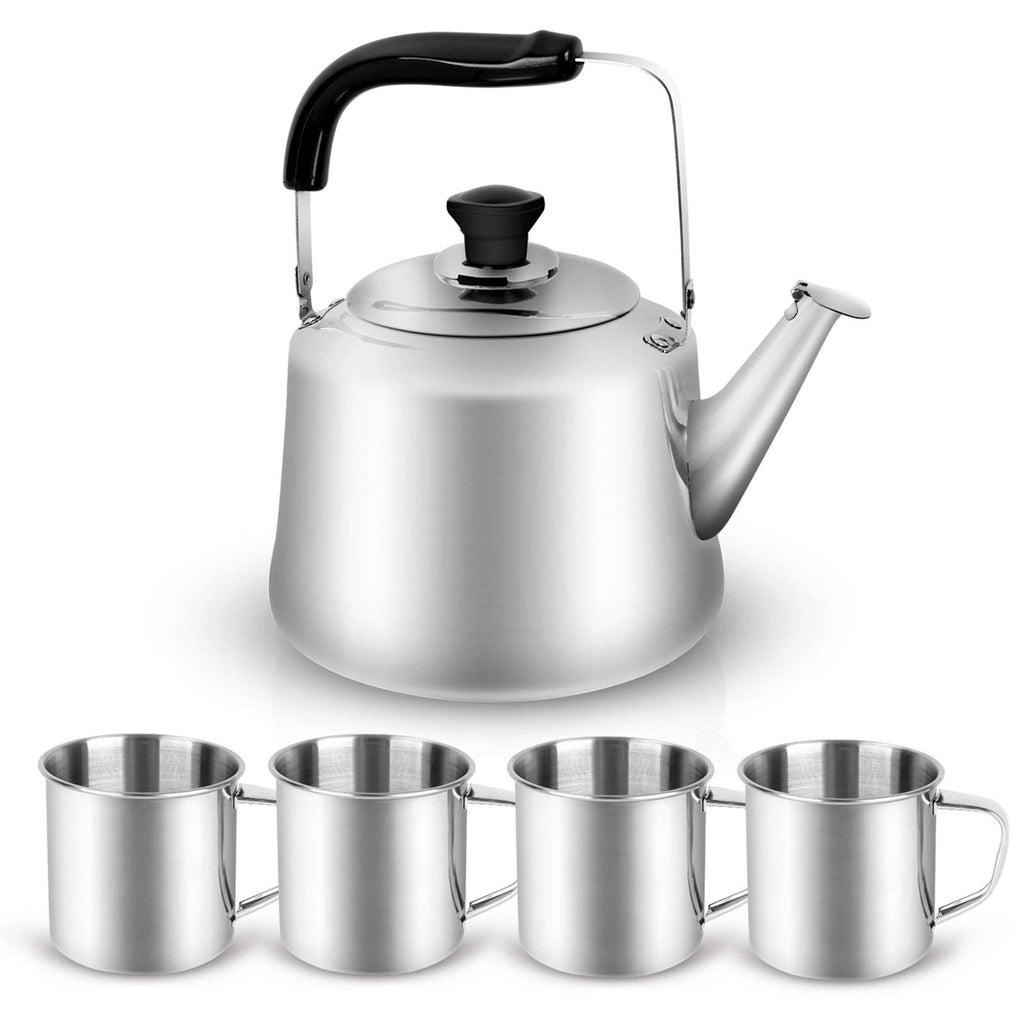 Odoland 4L Camping Kettle Set With 4 Cups, Durable Stainless Steel Camp Tea Coffee Water Pot With 4 Mugs For Hiking, Backpacking