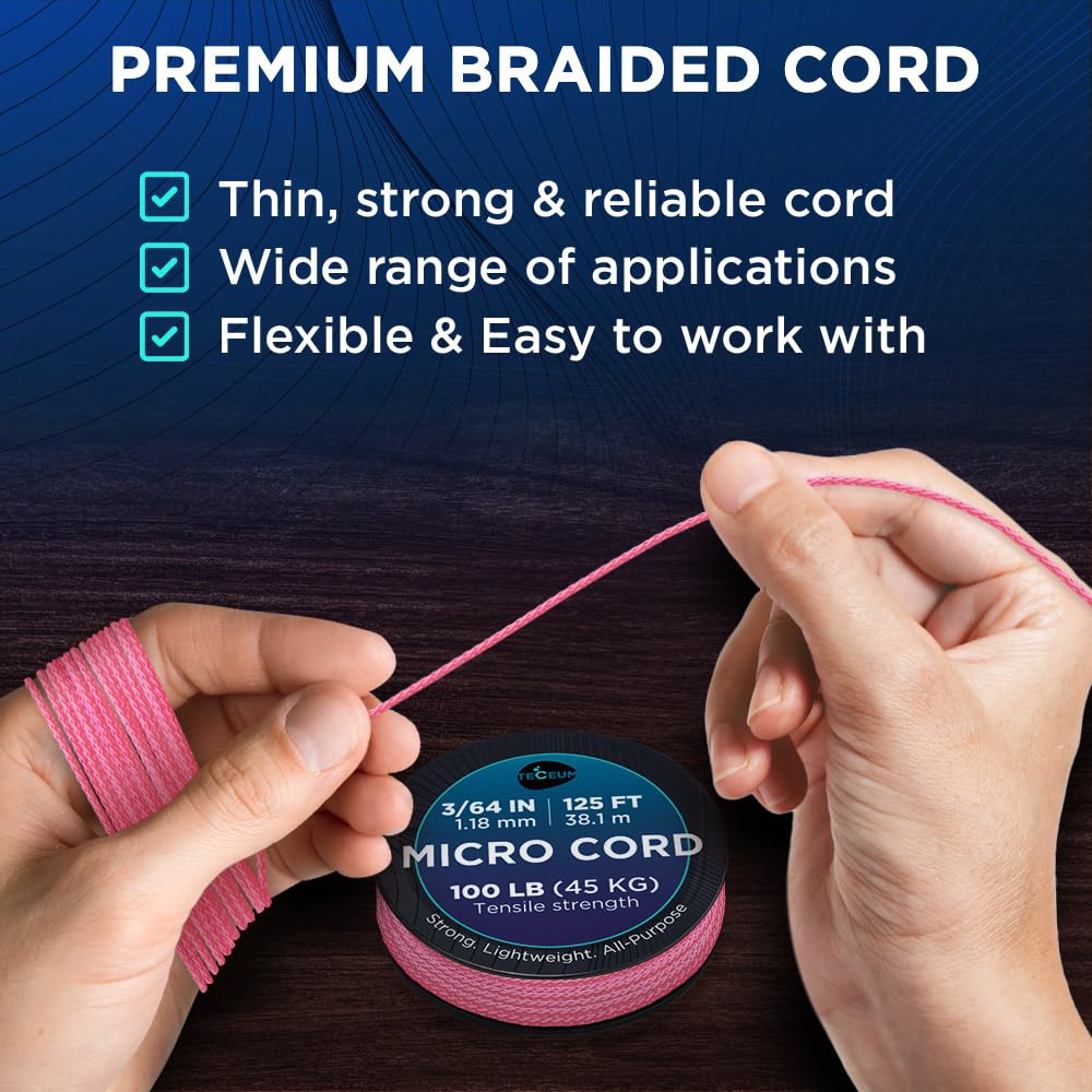 Teceum Micro Paracord - Pink - 1.18 Mm X 125 Ft - Micro Utility Cord - Thin Braided Paracord Rope Nylon Polyester - Wind Chime R