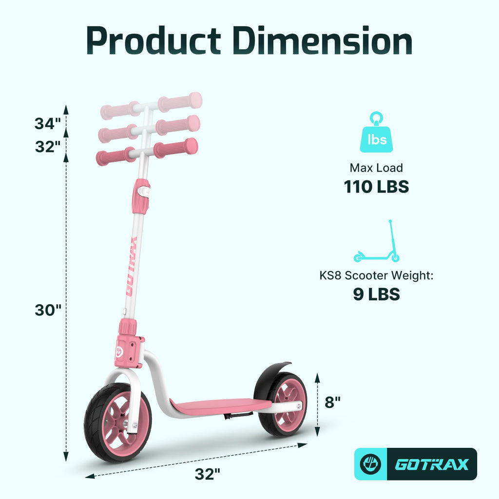 Gotrax KS8 Kick Scooter for Kids 5+, Large 8 Wheels and Height Adjustable Handlebar, Sturdy Wide Deck & Rear Brake, Detachable f