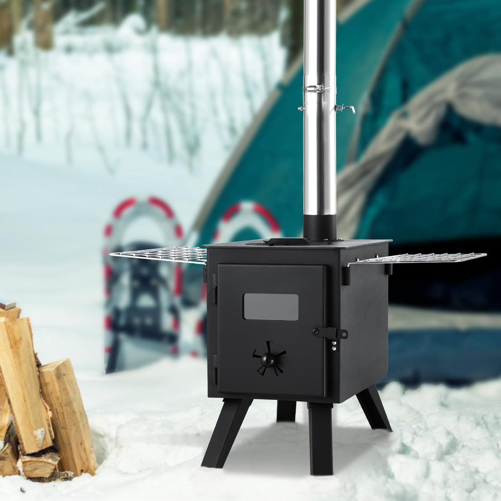 Vevor Camping Wood Stove Alloy Steel Camping Tent Stove, Portable Wood Burning Stove With Chimney Pipes & Gloves, 1400Infirebox