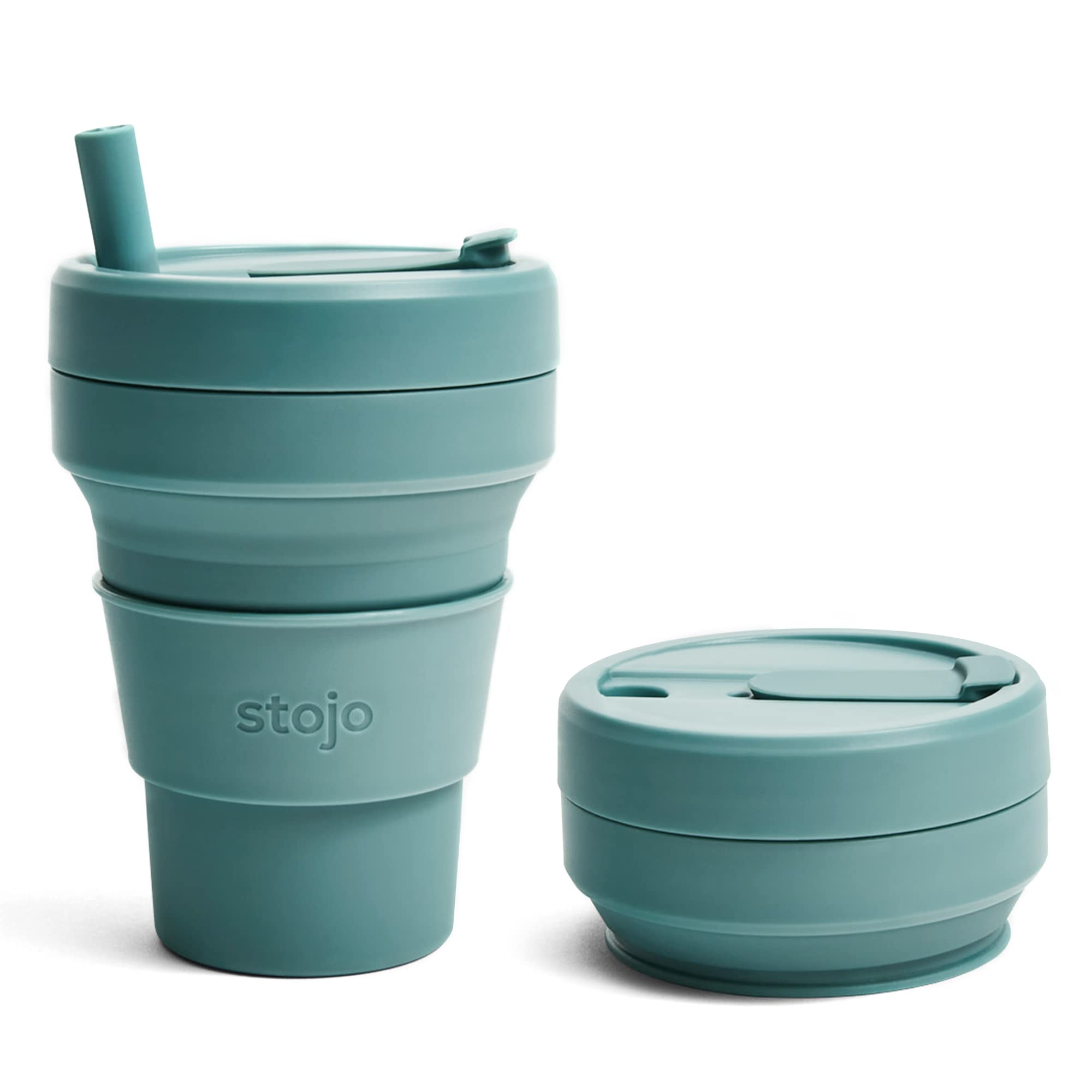 Stojo Collapsible Travel Cup With Straw- Eucalyptus, 16Oz / 470Ml - Reusable To-Go Pocket Size Silicone Cup For Hot And Cold Dri