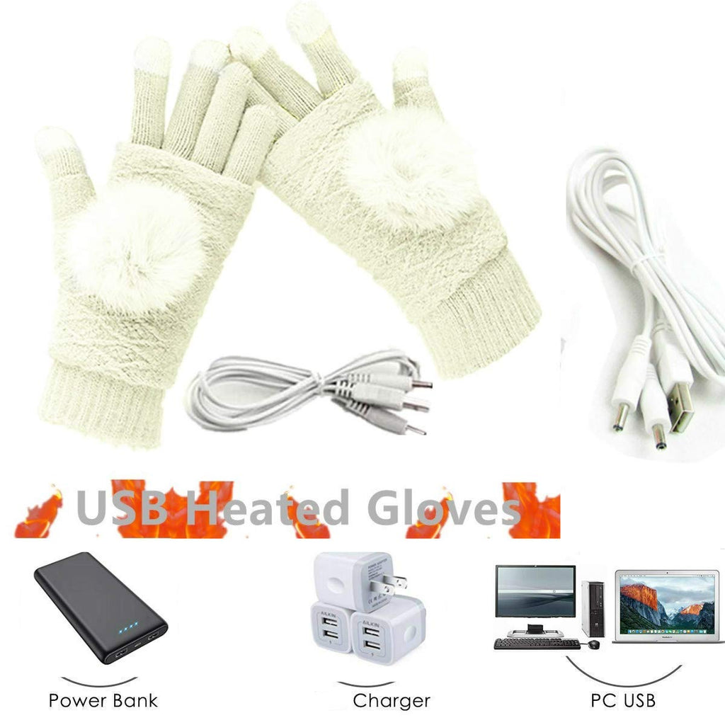 Womens & Mens Usb Heated Gloves Mitten Winter Hands Warm Laptop Gloves, Pom Pom Knitting Hands Full & Half Heated Fingerless Hea