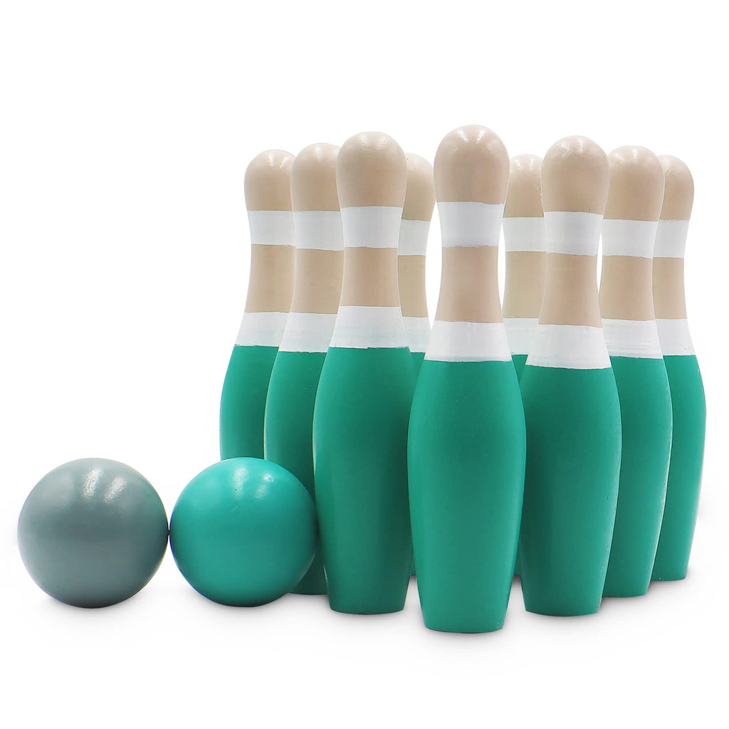 Sterling Sports Wooden Lawn Bowling 9'' Skittles Set With Carrying Mesh Bag For Indoors And Outdoors - 10 Wooden Pins And 2 Ball