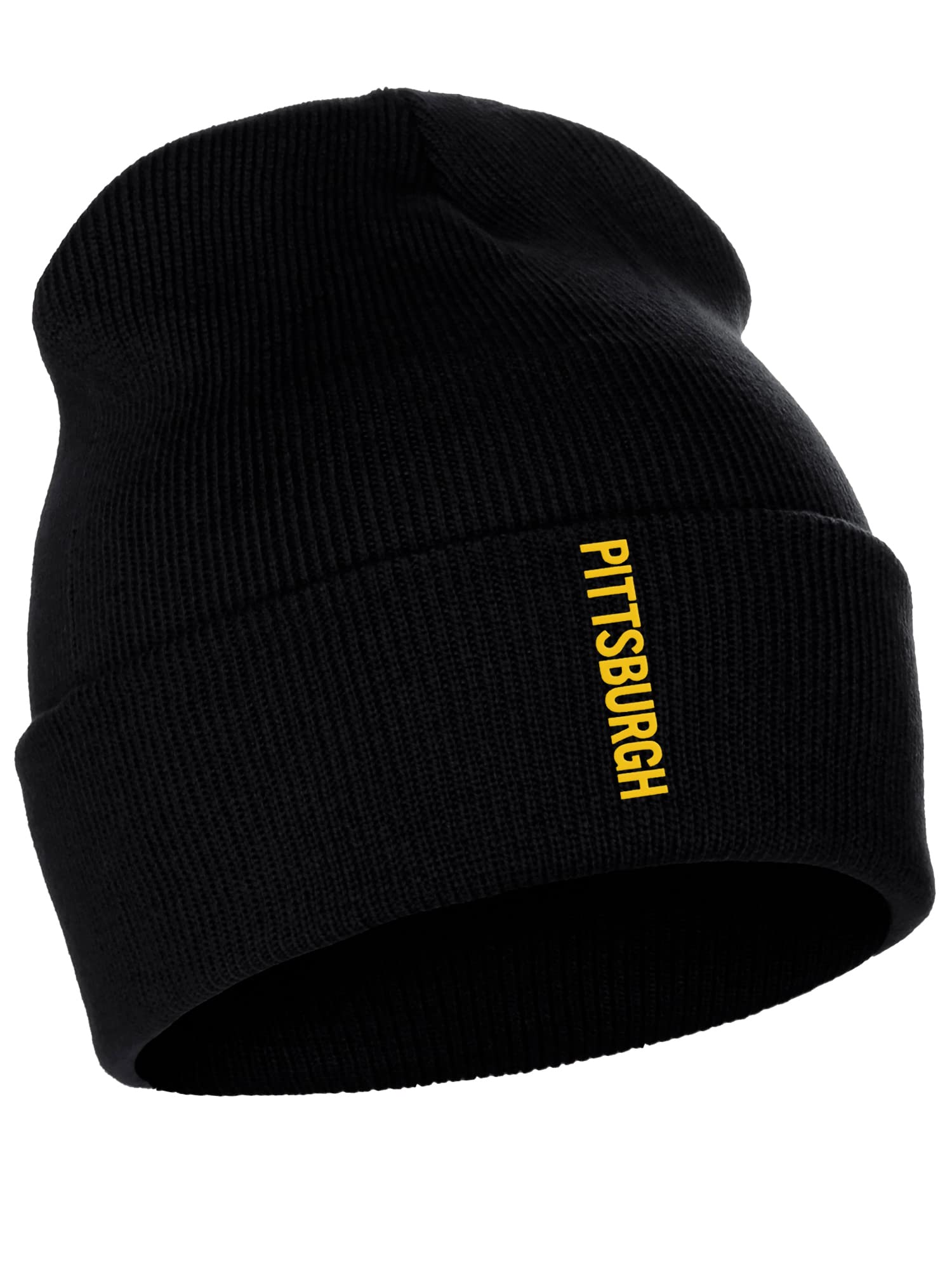 Daxton Vertical Usa Cities Cuffed Beanie Winter Knit Hat Skully Cap, Pittsburgh Black Gold