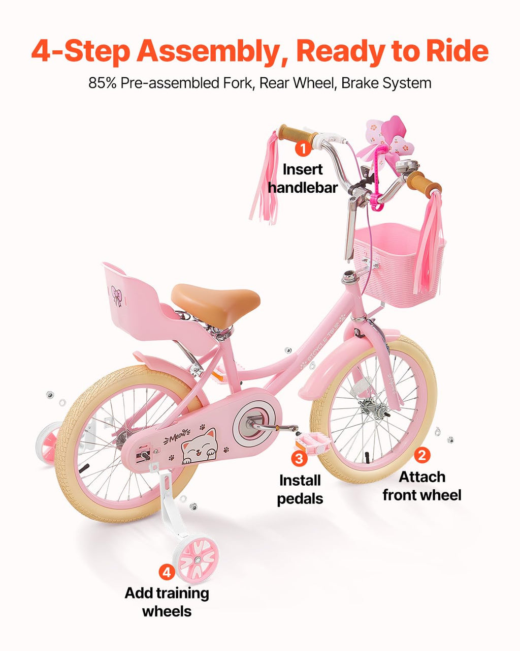 Vevor Kids Bike, 16 Inches Princess Style Children Bicycle With Streamers & Basket, Rider Height 3.28 Ft - 4.27 Ft, Doll Seat &