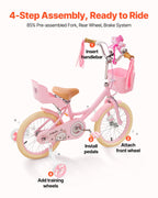 Vevor Kids Bike, 16 Inches Princess Style Children Bicycle With Streamers & Basket, Rider Height 3.28 Ft - 4.27 Ft, Doll Seat &