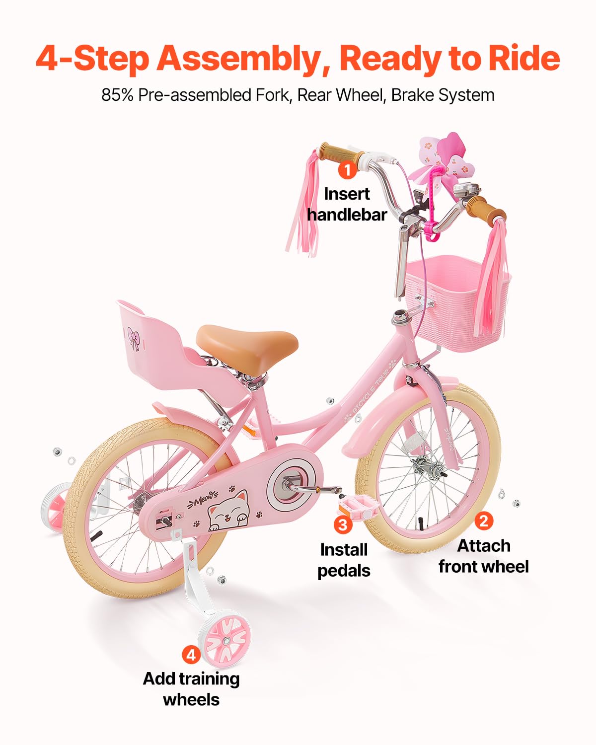 Vevor Kids Bike, 16 Inches Princess Style Children Bicycle With Streamers & Basket, Rider Height 3.28 Ft - 4.27 Ft, Doll Seat &