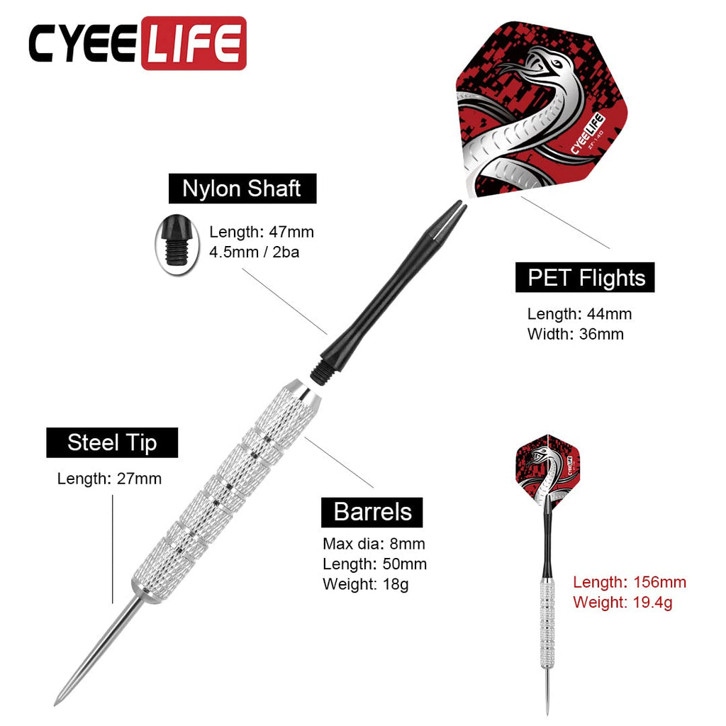 Cyeelife Steel Tip Darts 20G,Nylon Shafts+36 Flights(12 Designs)+Sharpener,For 4 Beginners