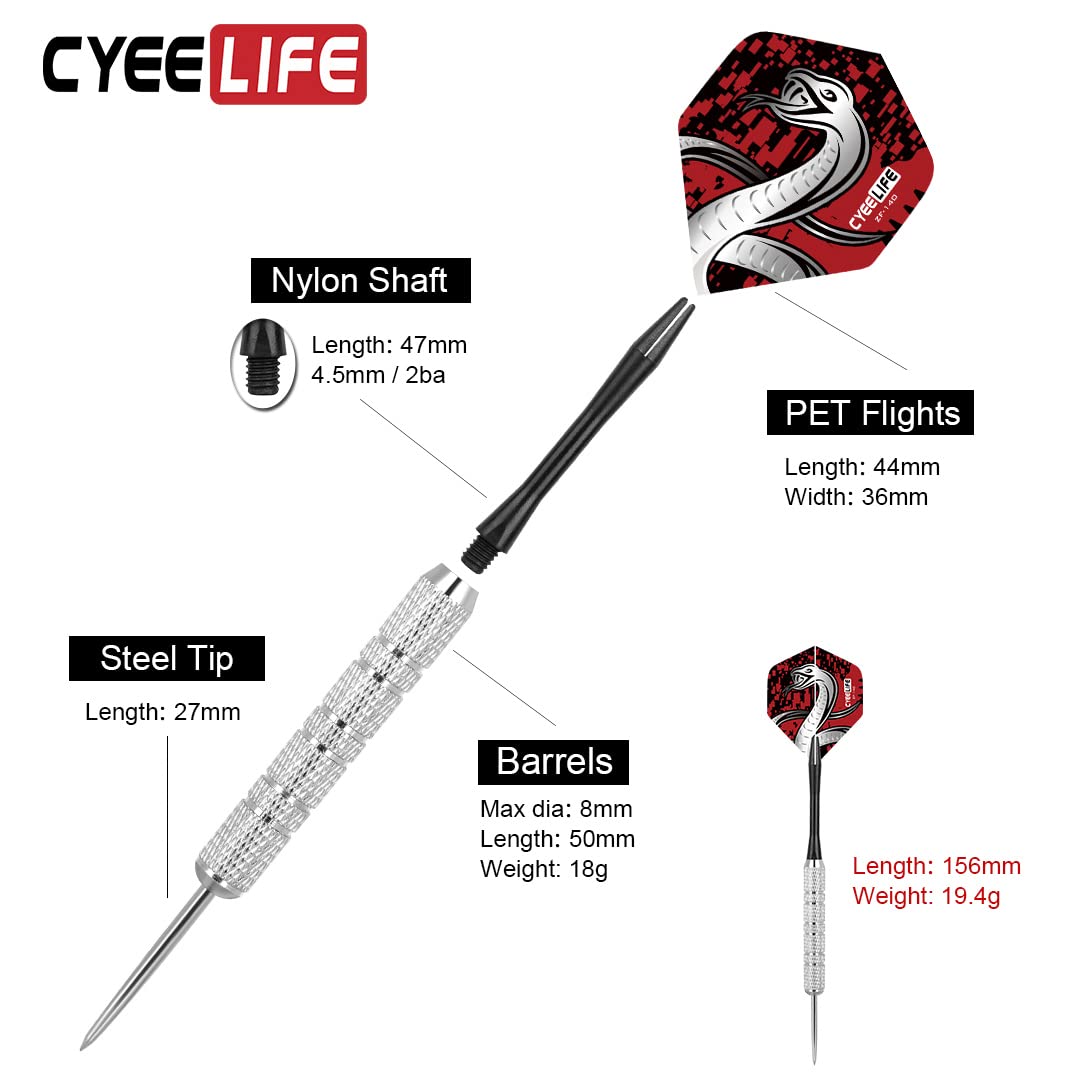 Cyeelife Steel Tip Darts 20G,Nylon Shafts+36 Flights(12 Designs)+Sharpener,For 4 Beginners