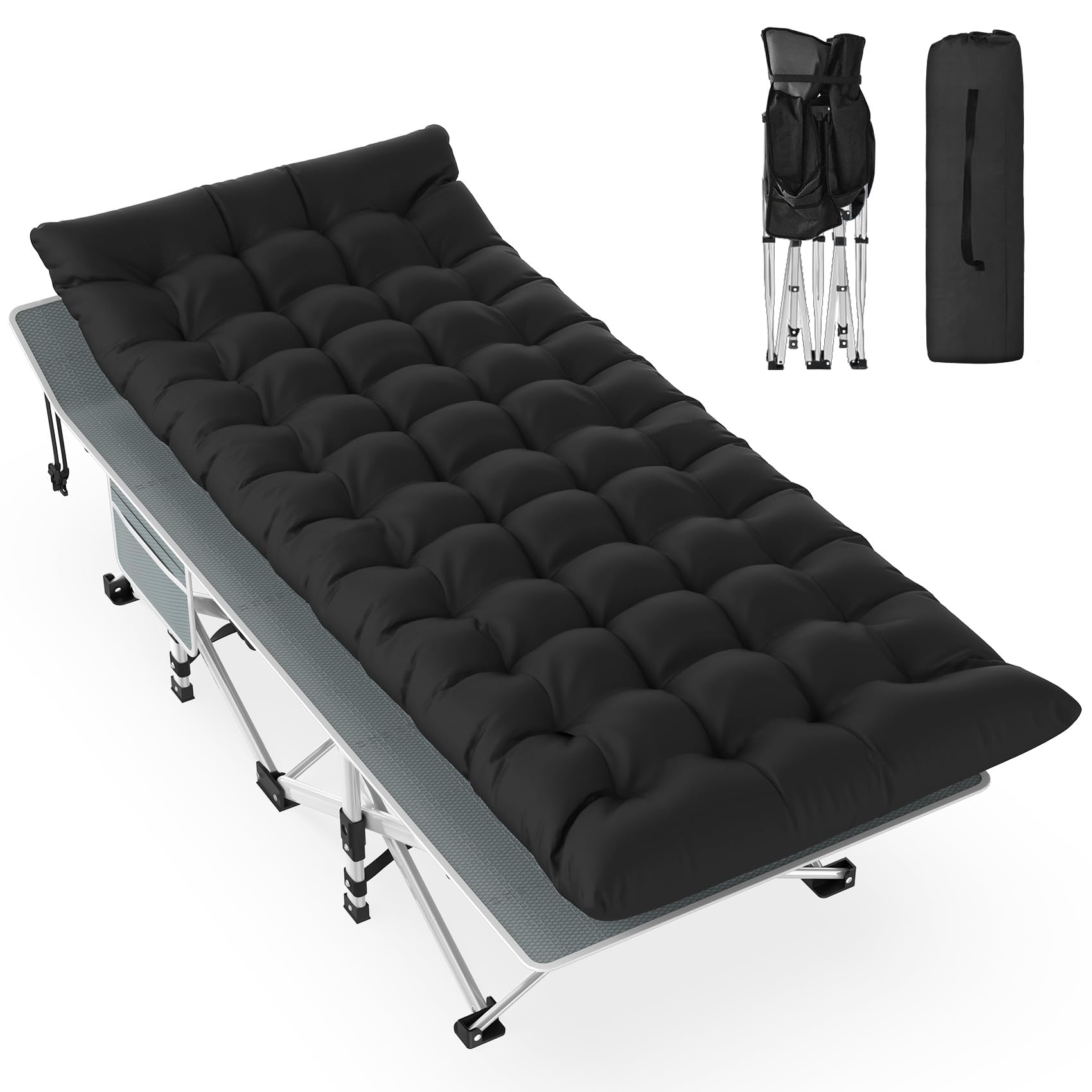 Slendor Folding Camping Cot Black, Sleeping Cot for Adults with Carry Bag, Mattress, 1200D Layer Oxford Portable Camp Bed Cot Be