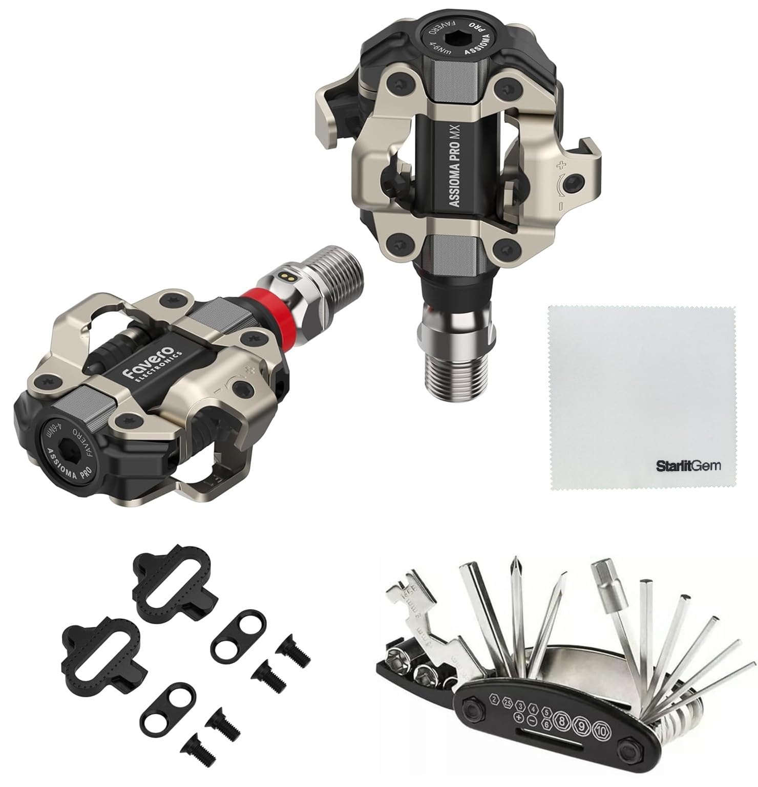 Favero-Pro-MX1-w/Clts-ToolKit-Cloth-Cmbo Favero Assioma Pro MX-1 Upgraded Single-Sided Power Meter Pedals Bundled with Extra SPD