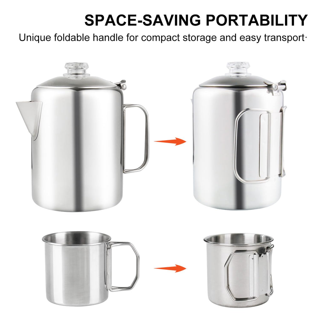 Apoxcon Coffee Percolator Bundle With 2 Mugs Stainless Steel Coffee Maker With Heat Resistant Tough Glass Knob & Foldable Handle