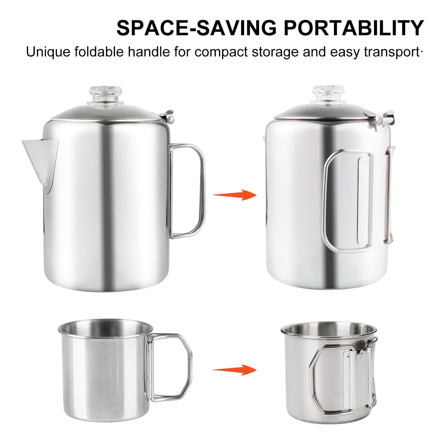 Apoxcon Coffee Percolator Bundle With 2 Mugs Stainless Steel Coffee Maker With Heat Resistant Tough Glass Knob & Foldable Handle