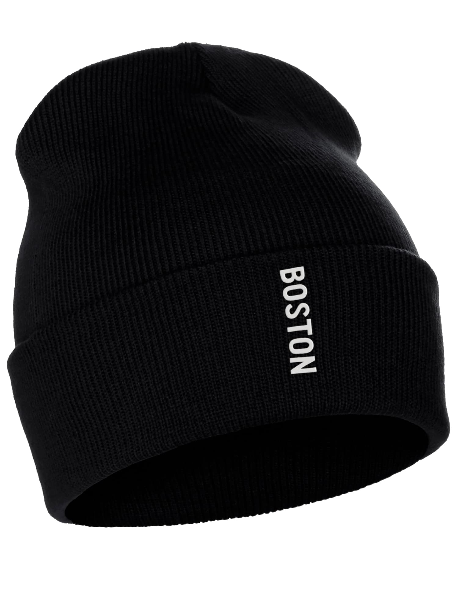 Daxton Vertical Usa Cities Cuffed Beanie Winter Knit Hat Skully Cap, Boston Black White