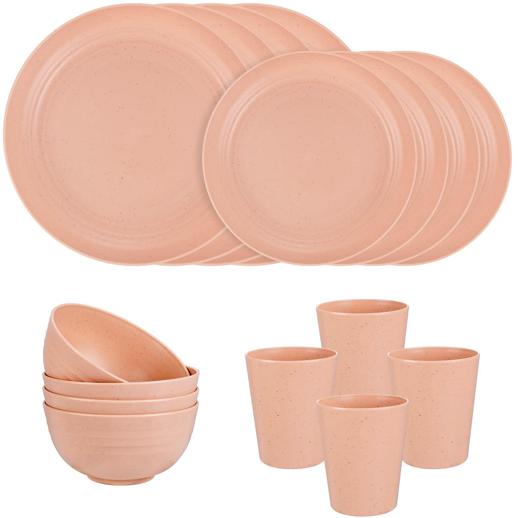 Rubtlamp 16Pcs Plastic Wheat Straw Dinnerware Set, Reusable Plastic Plate Set For 4, Kitchen Plates And Bowls Set (Orange Pink)