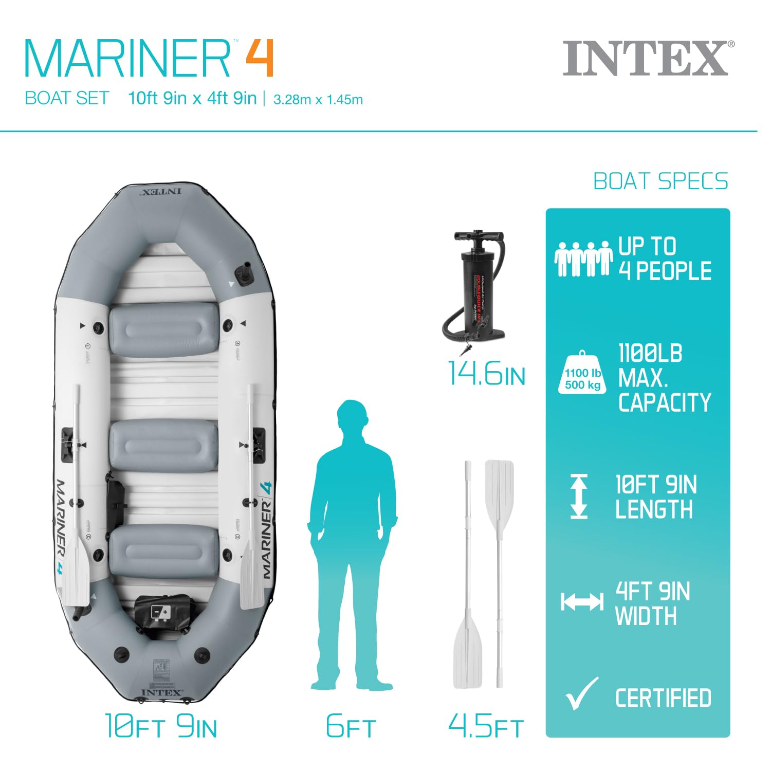 Intex 68376Ep Mariner 4 Inflatable Boat Set: Includes Deluxe 54In Aluminum Oars And High-Output-Pump - Supertough Pvc - Inflatab