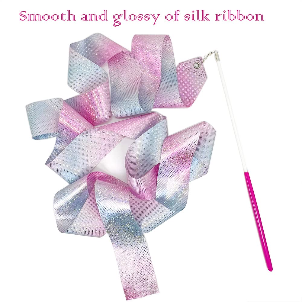 Hzmm 2 Pcs Dance Ribbons, 78.7 Inch Sparkling Dance Ribbon Streamer, Rhythmic Gymnastics Ribbon With Wand, Twirling Dancing Ribb