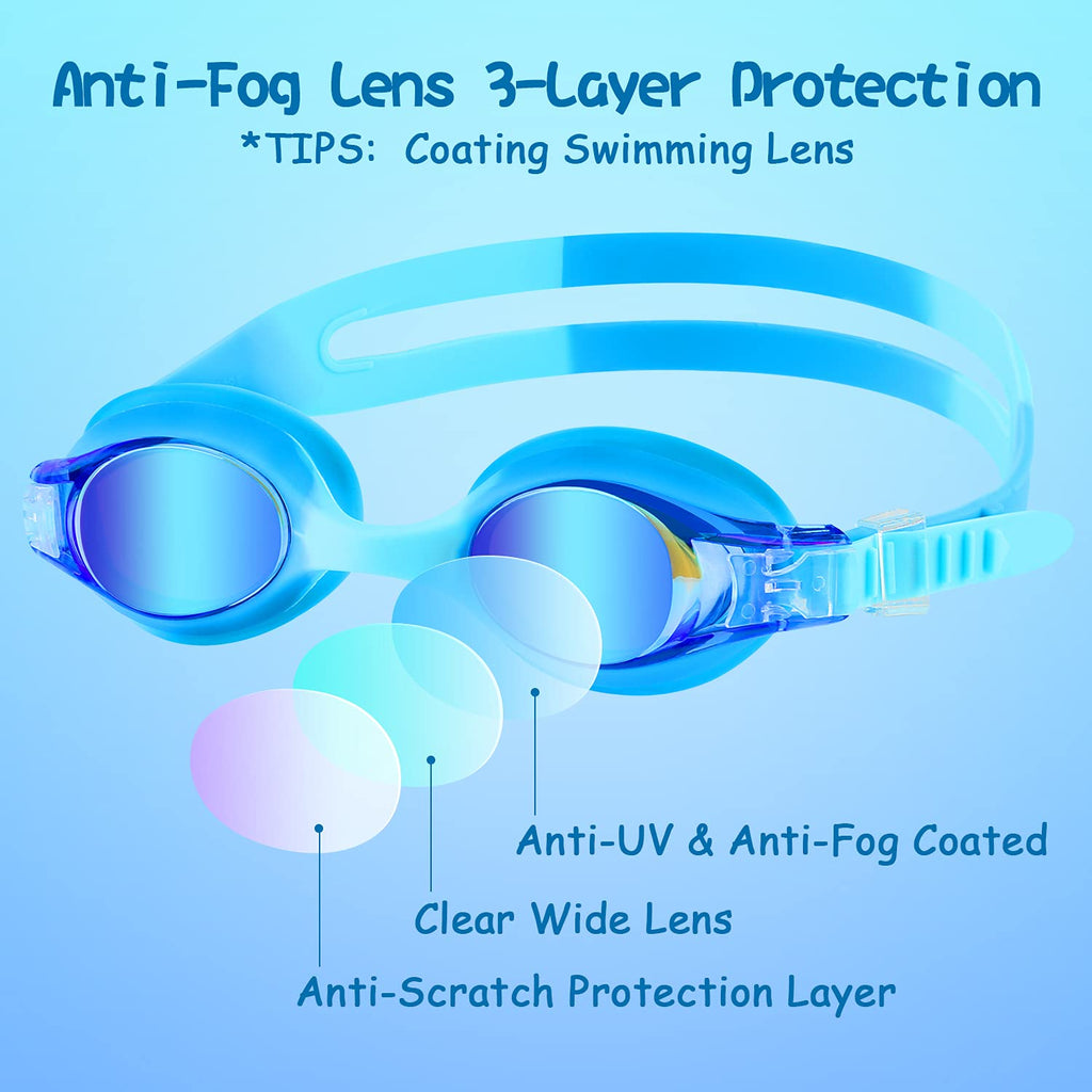 Cooloo Kids Goggles For Swimming For Age 3-15, 2 Pack Kids Swim Goggles With Nose Cover, No Leaking, Anti-Fog, Waterproof, Blue