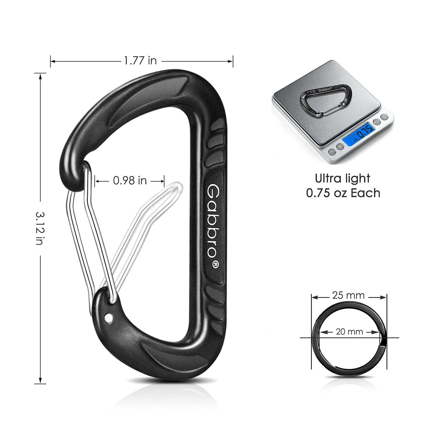 Gabbro Carabiner Clip Heavy Duty 2697Lbs, 4 Pcs 3'' Large Lightweight Aluminum Caribeaners With Keychain Hook Ring - Black