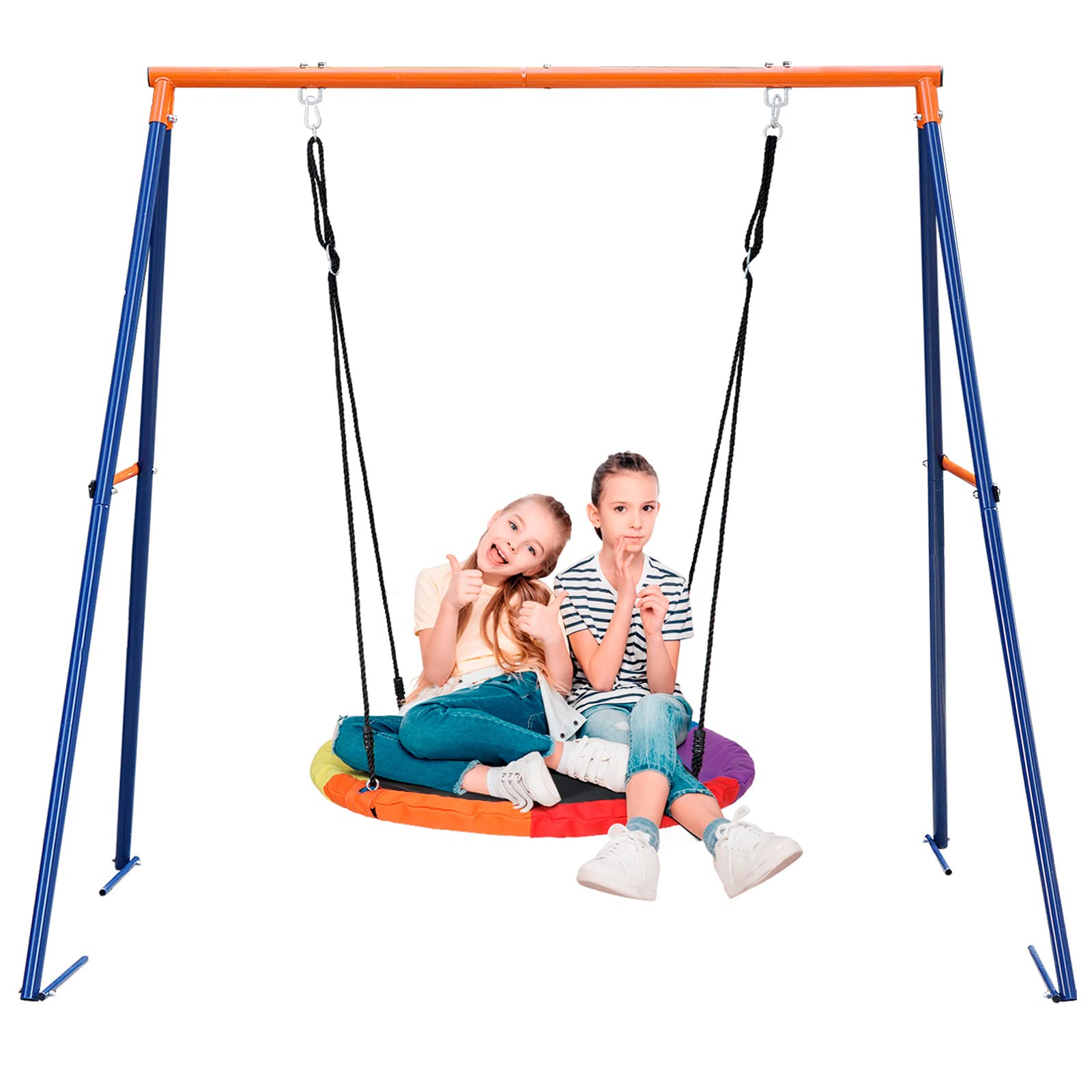 SUPER DEAL Outdoor Kids Swing Set, 40  Multi-Color Rainbow Saucer Swing and 72  All Weather A Frame Swing Stand Combo for Indoor