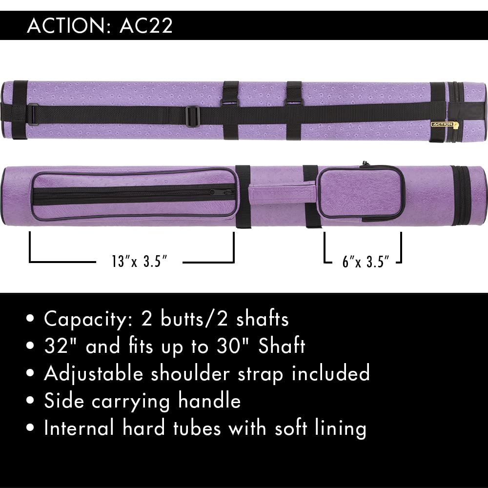 Action 34'' Long Pool Cue Hard Carrying Case - Holds 2 Butts & 2 Shafts Separate Molded Tubes Large Zippered Accessory Pockets A
