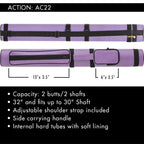 Action 34'' Long Pool Cue Hard Carrying Case - Holds 2 Butts & 2 Shafts Separate Molded Tubes Large Zippered Accessory Pockets A