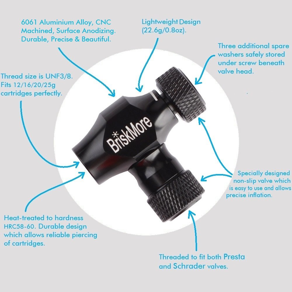 Briskmore Black Co2 Inflator Presta And Schrader Valve Compatible Bicycle Tire Pump For Mountain And Road Bikes With Insulated S